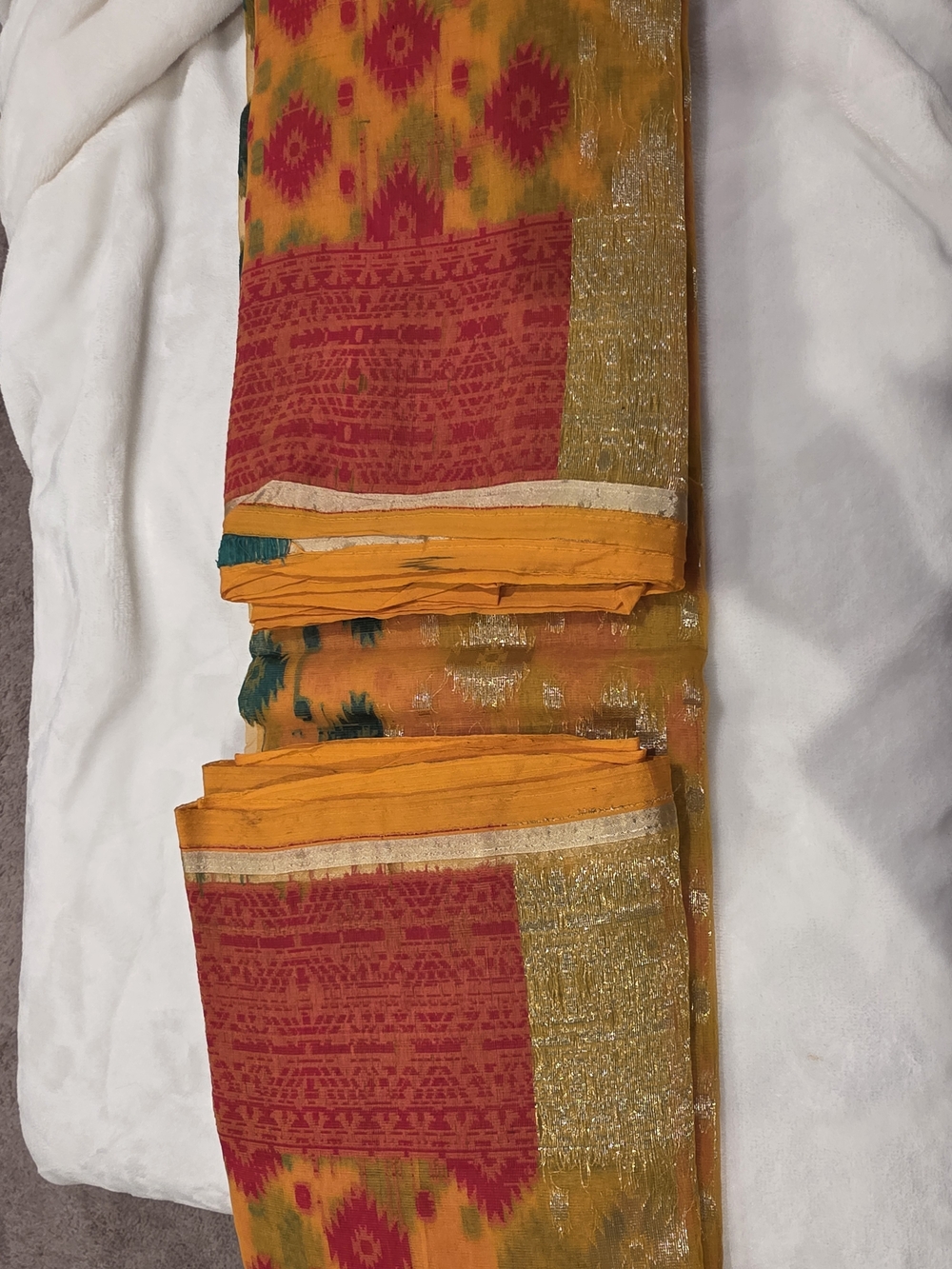 Vibrant Orange and Pink Ikat Print Jamdani Silk Saree